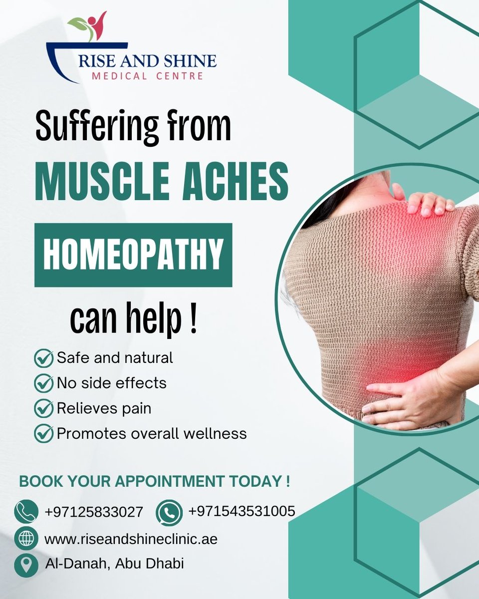 riseshineclinic's tweet image. Muscle aches slowing you down? 
Homeopathy looks beyond the pain  #HealNaturally #RiseAndShineHomeopathy #DrugFreeHealing 
📍 Rise &amp;amp; Shine Medical Centre
Electra Street, Behind City Seasons Hotel,
Al Danah, Abu Dhabi.
📞 +971 543531005
+971 25833027
🌐 riseandshineclinic.ae