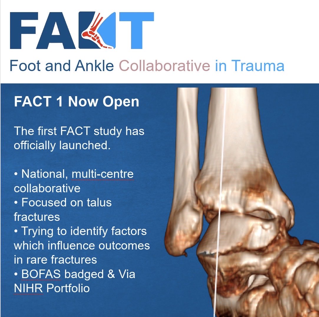 UKFACTfootankle's tweet image. 🔔 FACT-1 Study Now Open 🔔

FACT-1, the first study from the is live 🚀
A national, BOFAS-badged, NIHR portfolio study on talus fractures, delivered via DARFI.

👉 fact-network.co.uk/projects/fact-…

#FACT1 #Orthopaedics #FootAndAnkle #TraumaResearch #BOFAS @Drlyndonmason @abdulgomaa