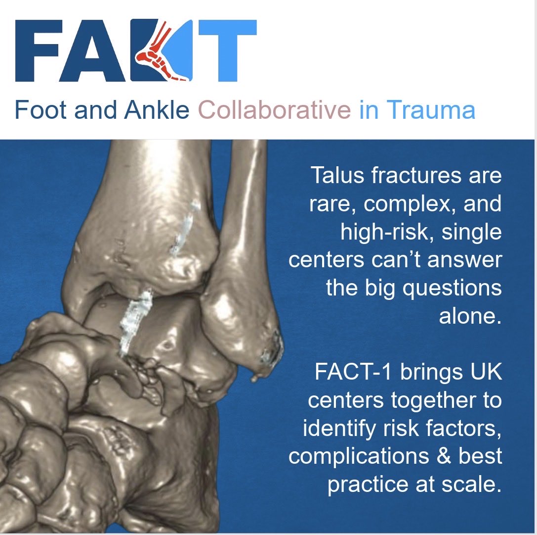 UKFACTfootankle's tweet image. 🔔 FACT-1 Study Now Open 🔔

FACT-1, the first study from the is live 🚀
A national, BOFAS-badged, NIHR portfolio study on talus fractures, delivered via DARFI.

👉 fact-network.co.uk/projects/fact-…

#FACT1 #Orthopaedics #FootAndAnkle #TraumaResearch #BOFAS @Drlyndonmason @abdulgomaa