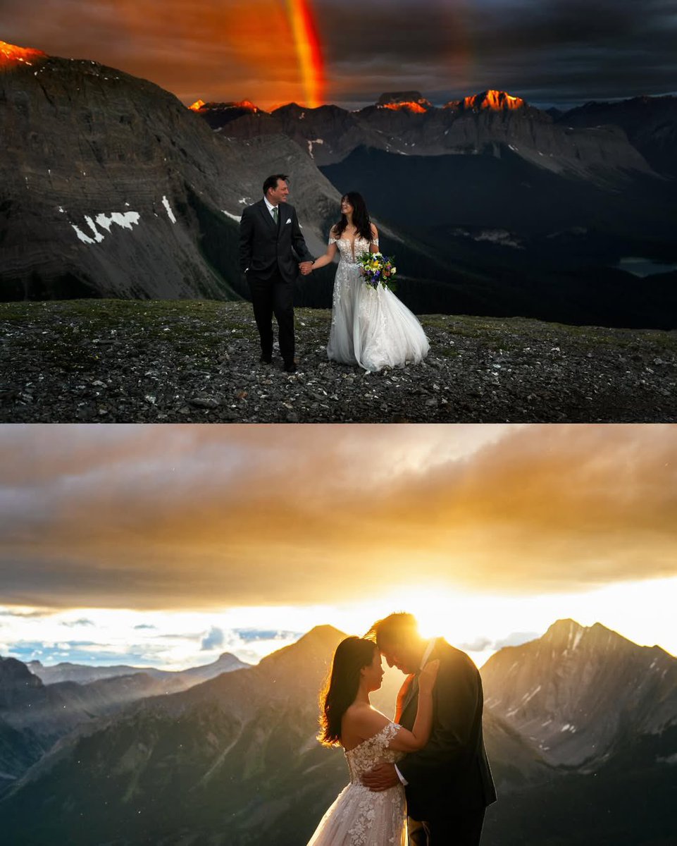 A bride and groom were surprised by a double rainbow during their sunrise mountain wedding.

[📸: @bdfk_photography/ig ]