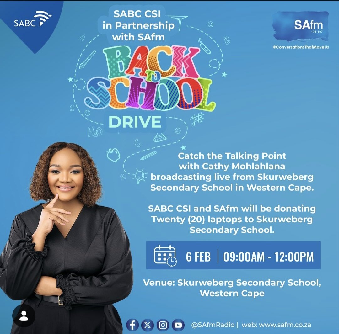 SAfmRadio's tweet photo. We’re broadcasting live from Skurweberg Secondary School in the Western Cape as SAFM, in partnership with SABC CSI, supports digital learning through the Back-to-School Laptop Giveaway Drive.
@SABCPortal
#TheTalkingPoint #TheConversationsThatMoveUs https://t.co/Z3XGXAqBP3