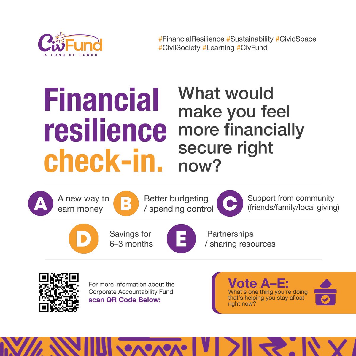 CivFund_'s tweet image. 💰Financial resilience check-in.
What would make you feel more financially secure right now?
 
A)      A new way to earn money
B)      Better budgeting / spending control

ℹ️Resilience Fund scan QR code on the poster or visit link 🔗: civsourceafrica.com/resilience-fund
#FinancialResilience
