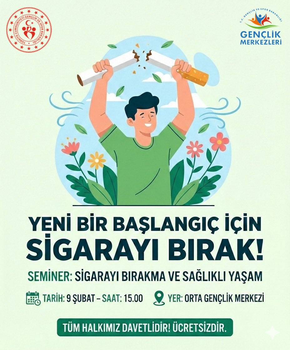 GSB_OrtaGM's tweet photo. 🚭✨ Yeni bir başlangıç için ilk adımı birlikte atalım!
🌍 Dünya Sigarayı Bırakma Günü kapsamında ‘Sigarayı Bırakma ve Sağlıklı Yaşam Semineri’ düzenliyoruz! 🌿💚
📅 9 Şubat
⏰ 15.00
📍 Orta Gençlik Merkezi
Sağlığın için bugün bir adım at,
yarın kendine teşekkür et! 💪🌱 https://t.co/FKf0KKIPYx