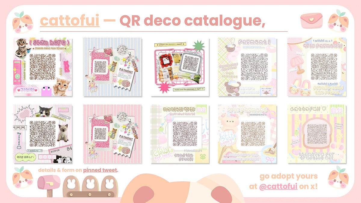 cattofui's tweet image. help  repost?  thankyou  ___&amp;lt; 🍡🍀

hello!  aku  sudah  open  qr  qris  deco  all  catalogue  di  bawah  ini,  for  the  details  &amp;amp;&amp;amp;  form  order  kindly  check  my  pinned  tweet  ♡  untuk  custom  &amp;amp;  recolor  masih  unavailable  yaah!  ありがとう  🍮⭐️  #zonauang