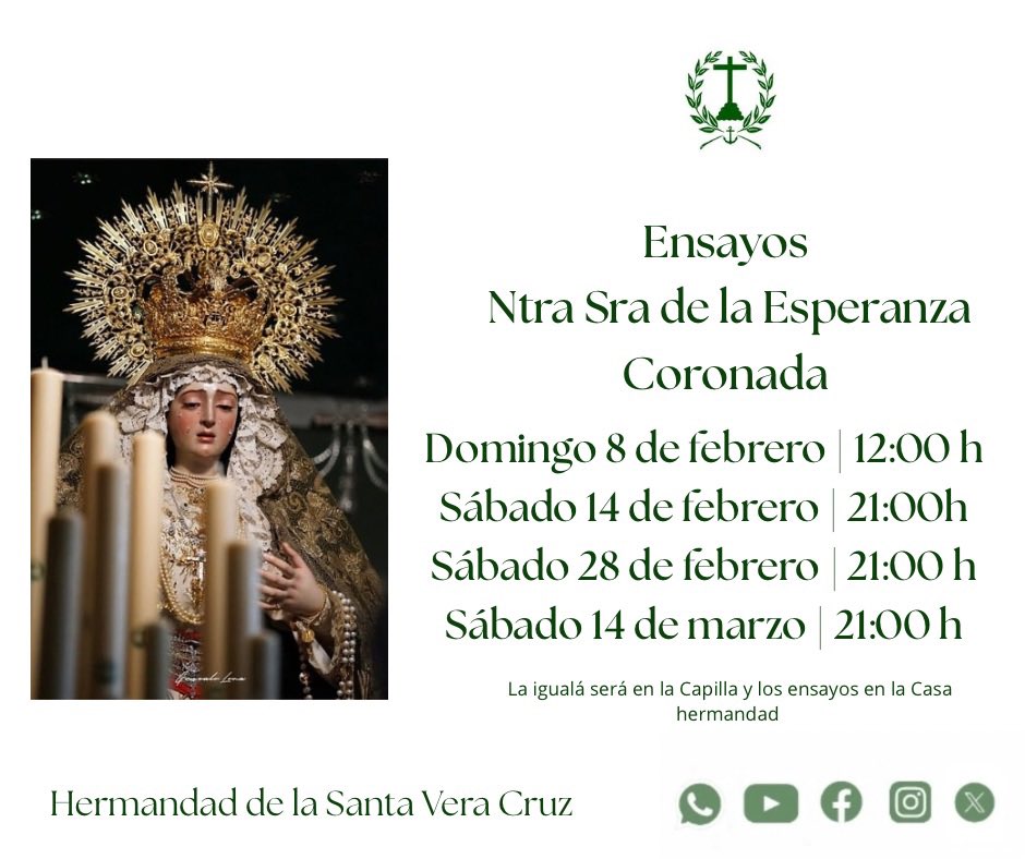 VeraCruzMarch's tweet photo. JUEVES SANTO 2026 | IGUALÁ NUESTRA SEÑORA DE LA ESPERANZA CORONADA

El próximo domingo día 8 de febrero a las 12:00 horas , tendrá lugar en la Capilla De la Vera Cruz la igualá de la cuadrilla de costaleros de Nuestra Señora de la Esperanza Coronada. https://t.co/GGKWf0xcfs