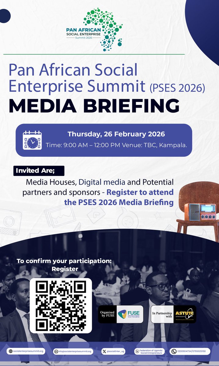 Join us for the PSES 2026 Media briefing on 26th Feb, 2026 in Kampala 
This dedicated session will give a full picture of PSES 2026 &amp; answer all related questions
Invited are media houses,digital media,potential partners &amp; sponsors
Register here forms.gle/jLYRSzGD3HGFc3…
#PSES2026