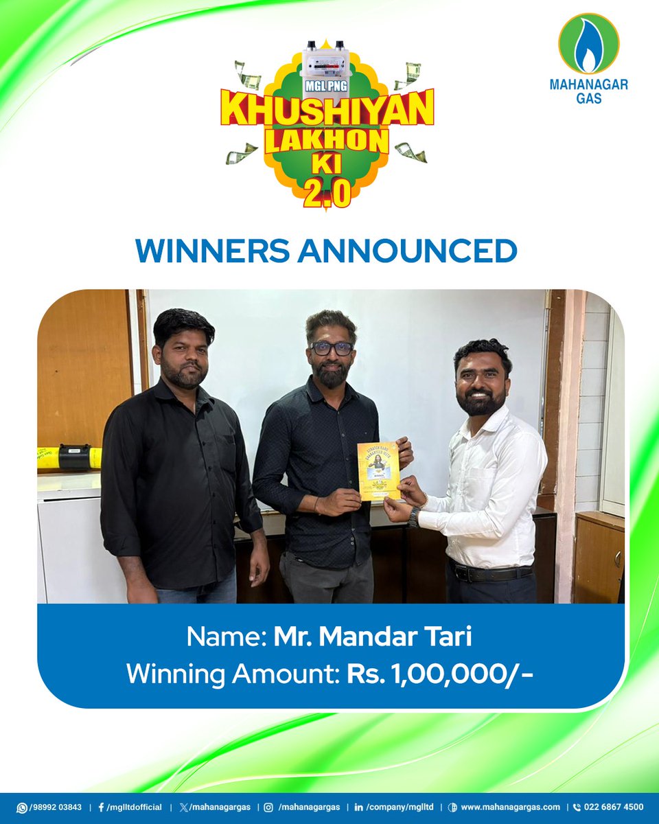 mahanagargas's tweet image. Warm congratulations to Mr. Mandar Tari, winner of Rs. 1,00,000 in Khushiyan Lakhon Ki 2.0.
Thank you for being part of the MGL journey, your trust makes every milestone meaningful!
#KhushiyanLakhonKi #SwitchToMGL #CustomerFirst #FuelingProgress