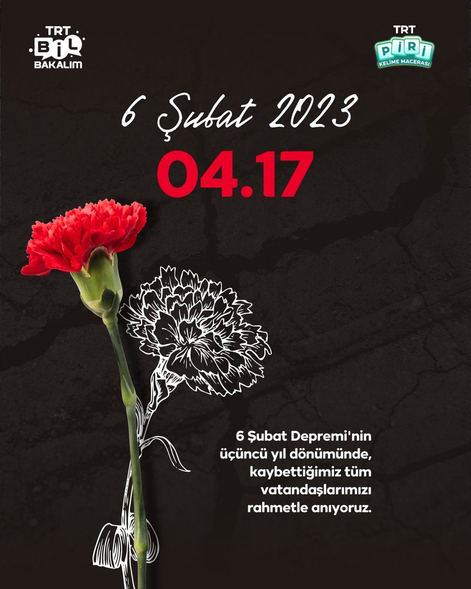 Tüm Türkiye'yi yasa boğan 6 Şubat 2023 Depremi'nin üzerinden 3 yıl geçti.

Depremde hayatını kaybeden vatandaşlarımızı rahmetle anıyoruz.