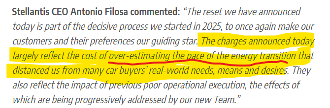 After Ford and General Motors announced large writedowns linked to their EV strategy, today Stellantis has announced it will take ~€22 billion ($26 billion) in impairments as it scales back its EV plans. 

With a brutal admission by the CEO ⬇️