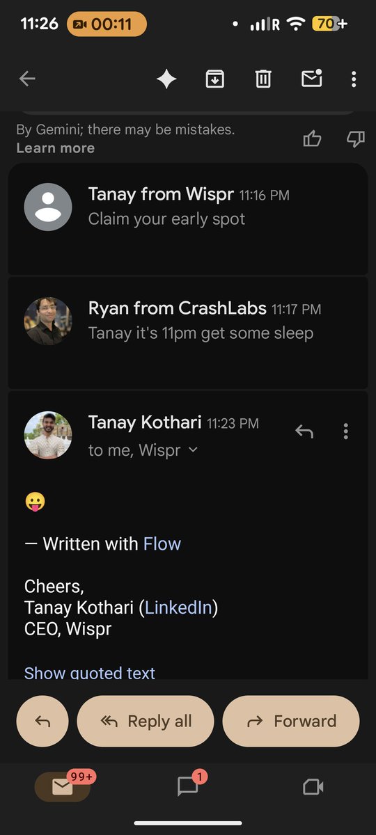 Respect the hustle <a href="/WisprFlow/">Wispr Flow</a> <a href="/tankots/">Tanay Kothari</a>