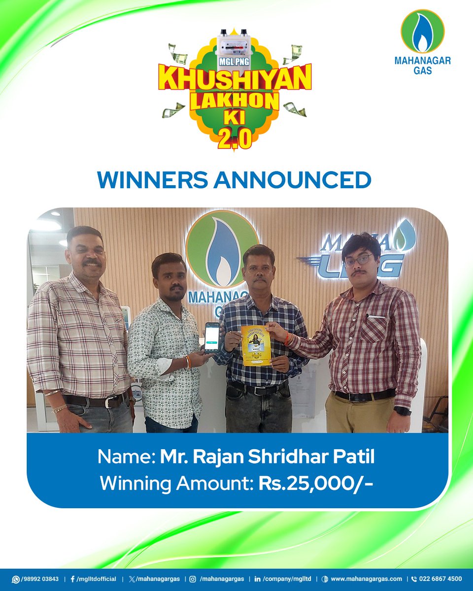 mahanagargas's tweet image. Congratulations to Mr. Rajan Shridhar Patil, winner of Rs. 25,000 with Khushiyan Lakhon Ki 2.0.
We are proud to celebrate our customers and the relationships built on reliability and trust.
#KhushiyanLakhonKi #SwitchToMGL #CustomerFirst #FuelingProgress