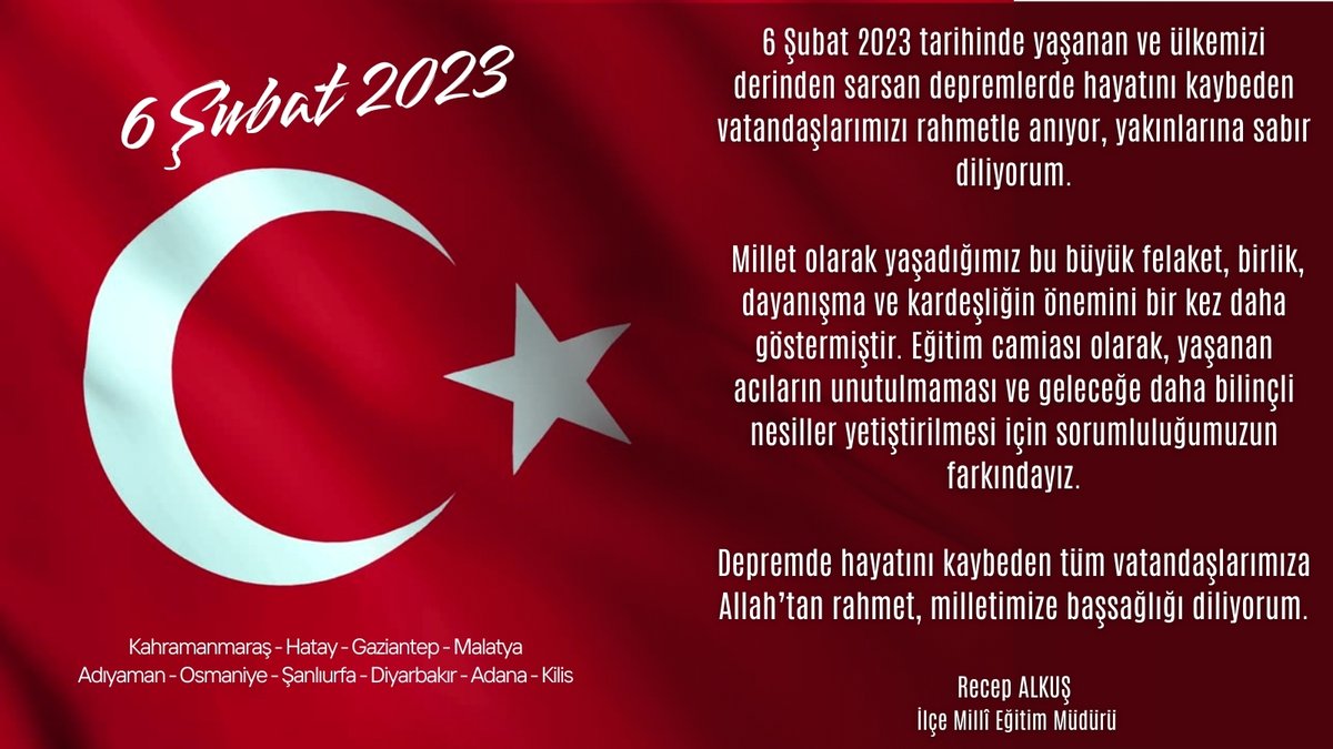 6 Şubat 2023 Depreminin Sene-i Devriyesinde Tüm Şehitlerimizi Rahmetle Anıyoruz.