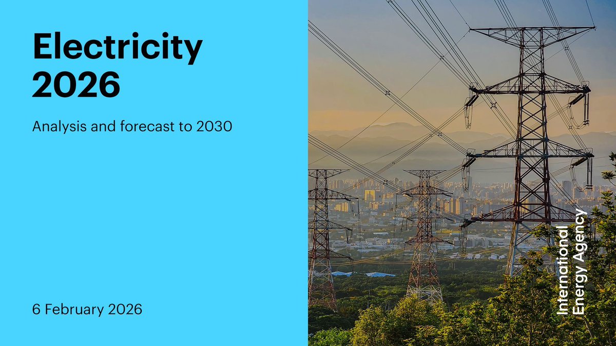 IEA's tweet photo. Electricity 2026 is out! ⚡️
 
It shows the world's demand for electricity is set to grow strongly to 2030, underscoring the need for greater investment in grids &amp; flexibility.

Read the key findings 👉 https://t.co/1sRvmkLyWW
Explore the full analysis 👉 https://t.co/dDAAL4Edxc https://t.co/V9jEZldiQ7