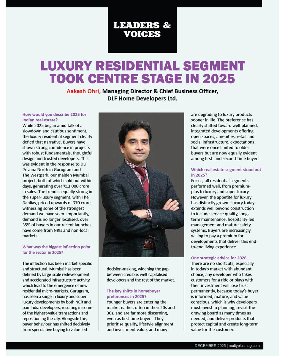 RPRealtyPlus's tweet image. “Luxury residential didn’t slow down in 2025, it set new benchmarks.” - Aakash Ohri, Managing Director &amp;amp; Chief Business Officer, DLF Home Developers Ltd.

Read the full perspective in the December 2025 issue:
rprealtyplus.com/magazine/decem…

#RealtyPlus #LeadersAndVoices #DecemberIssue