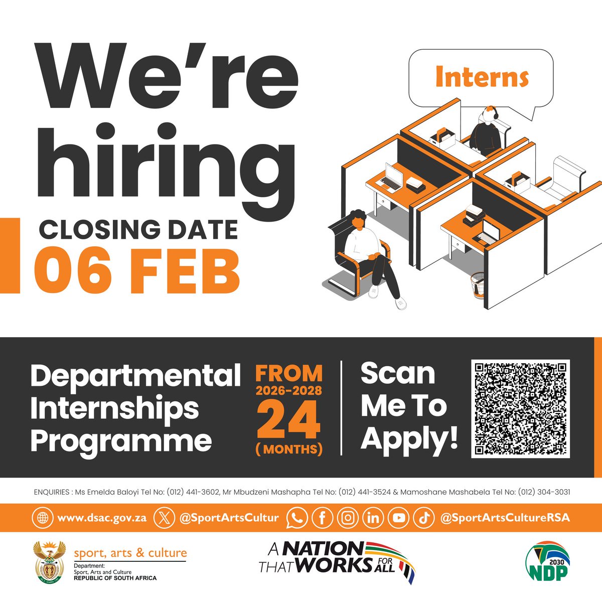 SportArtsCultur's tweet image. Today marks the final day for applications.

Internship opportunities available at the Department Of Sport, Arts And Culture (DSAC), apply and share with those who may be interested. Good luck!

Closing:6 February 2026

More under careers: dsac.gov.za/Department%20o… 

#Vacancies