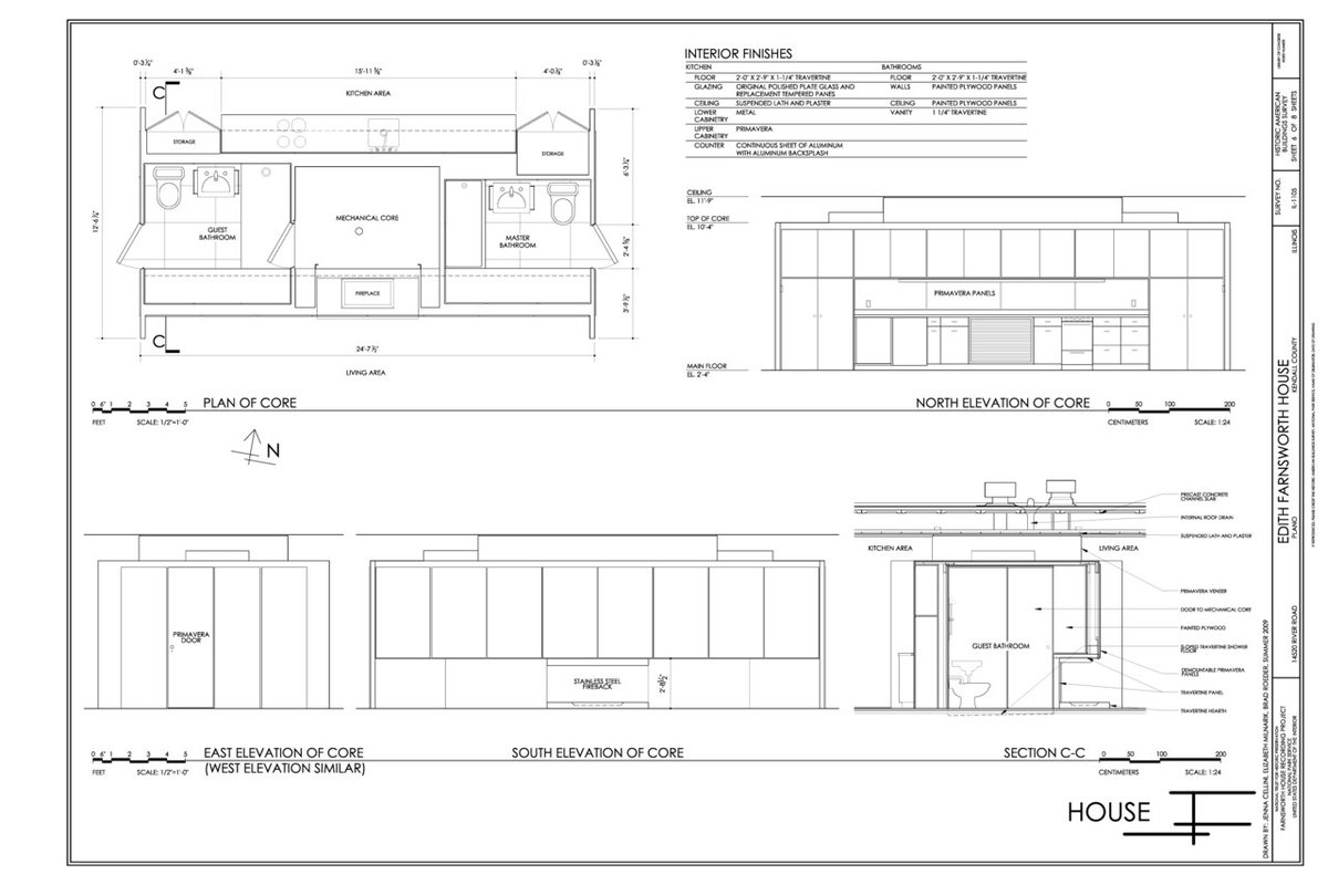 Planos de la Casa Farnsworth, Plano, Illinois (USA).
Mies van der Rohe, 1951.
