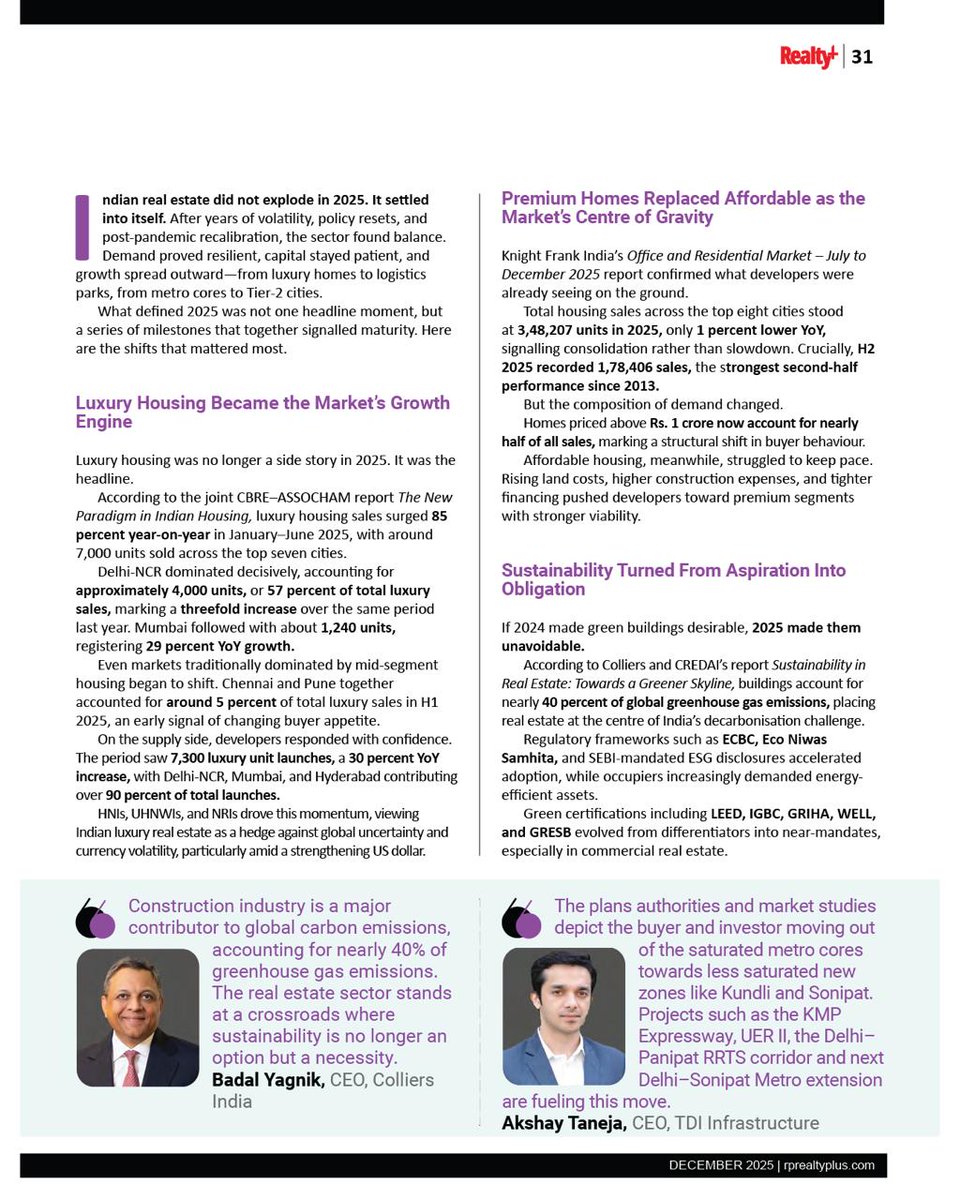 RPRealtyPlus's tweet image. From luxury homes to logistics parks, from green mandates to flex workspaces - 2025 quietly rewired Indian real estate.

👉 Read the full milestones that defined the year:
🔗 rprealtyplus.com/magazine/decem…

#RealtyPlus #DecemberIssue #RealEstate2025 #MarketMilestones #IndianRealEstate