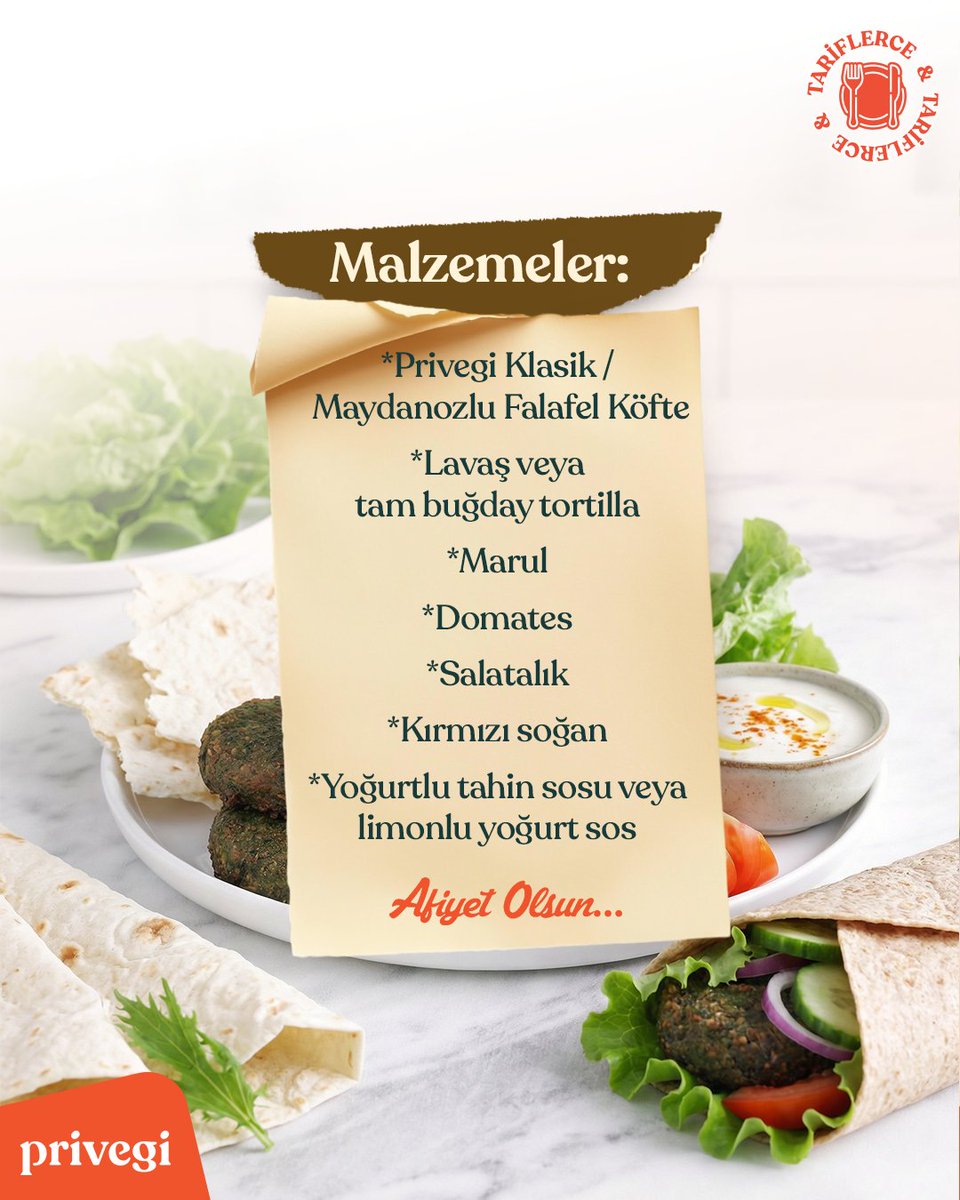 Privegi_Food's tweet photo. Evde pratik falafel wrap tarifi🌿

Privegi falafelleri ister tavada ister fırında ısıt,
lavaşı yumuşat,
marul, domates, salatalık ve kırmızı soğanı ekle,
falafelleri yerleştir,
yoğurtlu tahin sosu ya da limonlu yoğurt sosunu gezdir…
ve afiyet olsun🤍

#Falafel #PratikTarif https://t.co/0Kv0KV7GLc