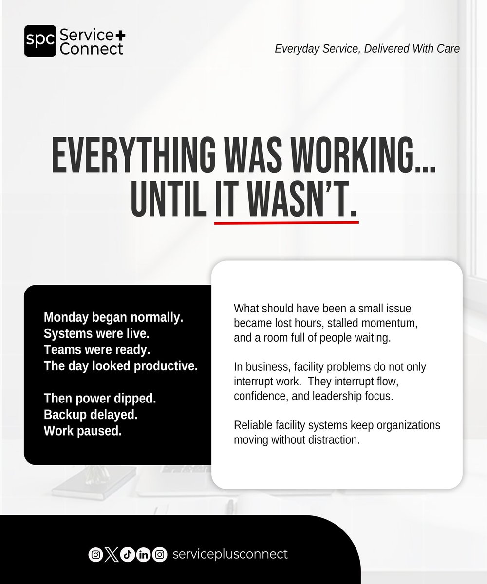 spcconnect's tweet photo. Most workdays don’t break.
They just slow down.

We’re building Service Plus Connect to fix the everyday service gaps that interrupt work.

Everyday Service, Delivered With Care.

#ServicePlusConnect #WorkplaceSupport #Operations #BusinessEfficiency https://t.co/AP5o6PiEd0
