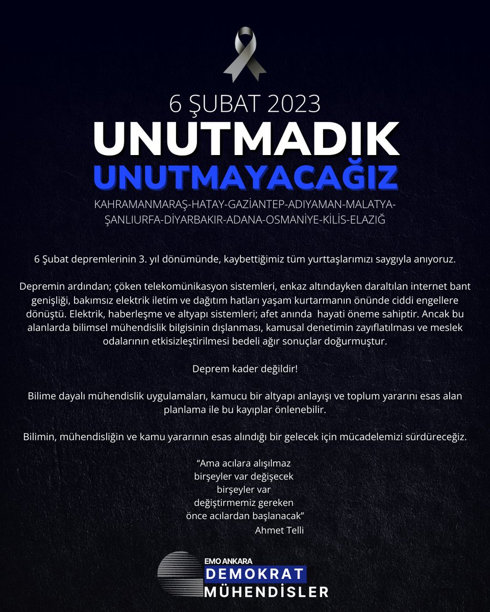Unutmadık, Unutmayacağız!

6 Şubat depremlerinin 3. yıl dönümünde, kaybettiğimiz tüm yurttaşlarımızı saygıyla anıyoruz.

#6Subat2023
#Unutmadık