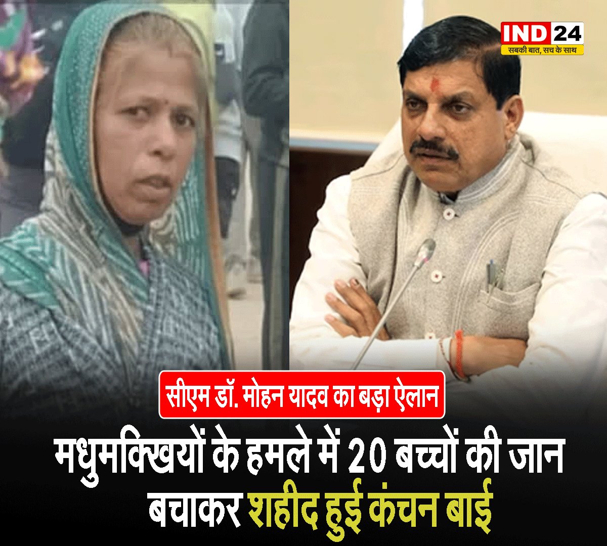 IND24MEDIA's tweet image. सीएम डॉ. मोहन यादव का बड़ा ऐलान - मधुमक्खियों के हमले में 20 बच्चों की जान बचाकर शहीद हुई कंचन बाई

#KanchanBai #HeroicAct #MohanYadav #MPNews
#ChildrenSaved #TributeToHeroes #InspirationalStory
#Bravery #IndianHeroes