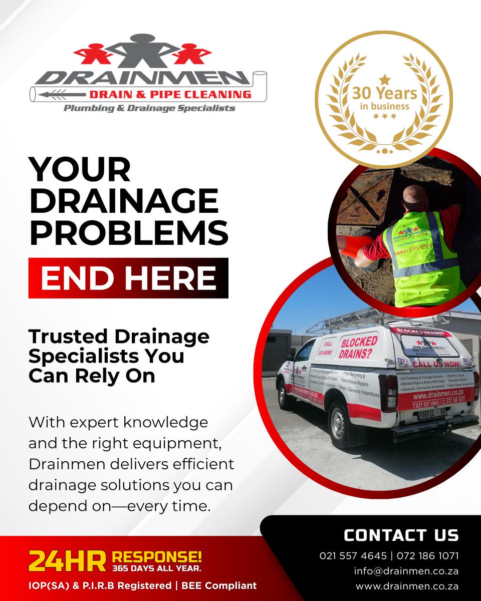DrainmenRSA's tweet photo. With expert knowledge and advanced equipment, we deliver dependable results — every time.
📍 Branches located in CPT &amp; JHB
📞 021 557 4645 | 072 186 1071
✉ info@drainmen.co.za
🌐 https://t.co/cjpM7S1uiu
#TrustedDrainage #DrainSolutions #24HourService #CapeTownAndJHB #Drainmen https://t.co/GsafHT6P4F