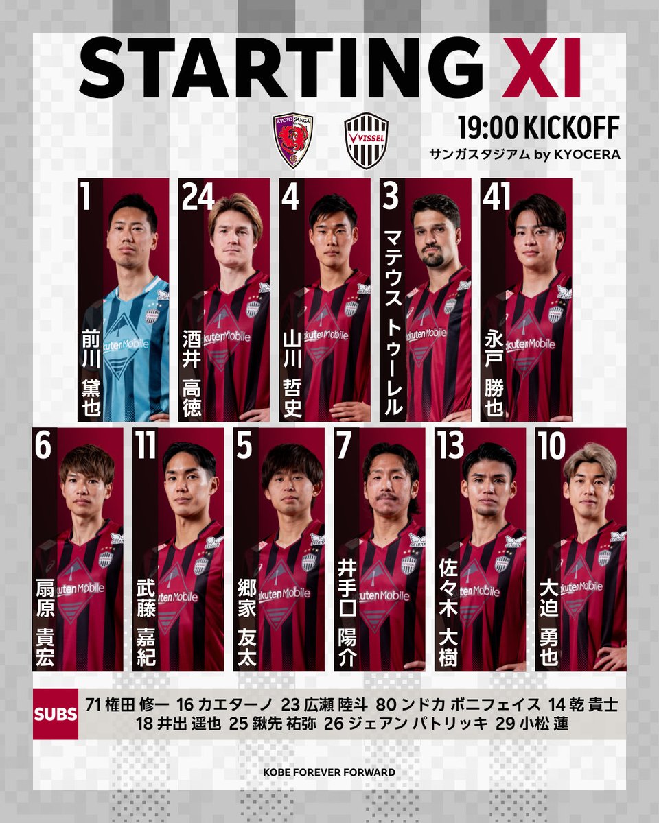 visselkobe's tweet photo. [LINEUP] 

今日はこのメンバーで京都サンガF.C.と戦います！

Here is today's starting lineup against KYOTO SANGA F.C. !

試合中継は @DAZN_JPN 📺
視聴は⏩https://t.co/zK724Kp2FE

#visselkobe #ヴィッセル神戸 #神戸京都 https://t.co/MWtjXndzsN