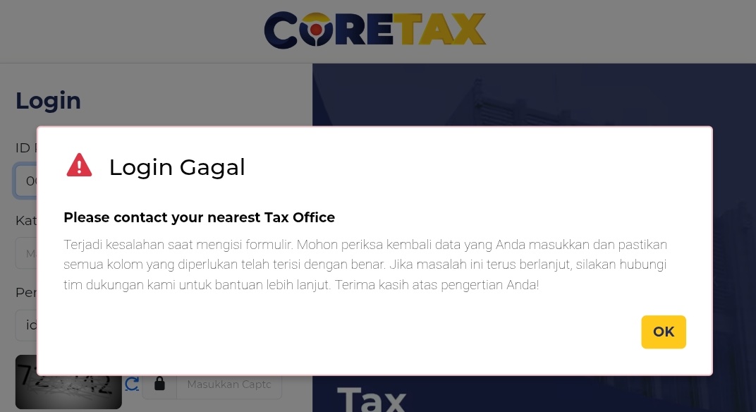eyiiiic's tweet photo. @kring_pajak halo kak kalo baru kelar reset password coretax dan udah berhasil terus pas mau login ulang dapet pemberitahuan begini solusinya apa ya kak? https://t.co/lnZ3sx8uFr