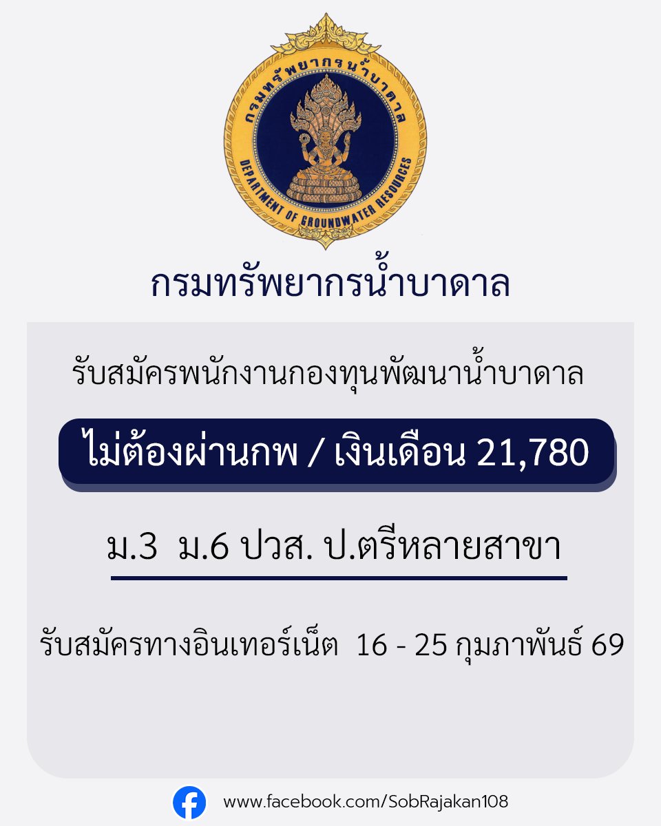กรมทรัพยากรน้ำบาดาล เปิดรับสมัครพนักงานกองทุนพัฒนาน้ำบาดาล ( ส่วนกลาง / ส่วนภูมิภาค) 
รายละเอียด job4k.com/postdgr-id281/