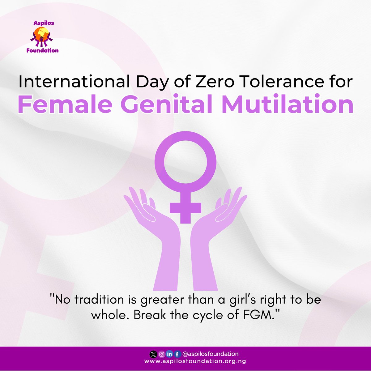 According to <a href="/UNICEF/">UNICEF</a> over 230 million girls have experienced FGM and even more are at risk.

This is a human rights crisis, not just a cultural issue.

We demand zero tolerance for FGM today!

#FGM #aspilosfoundation #zerotolerance #EndFGM