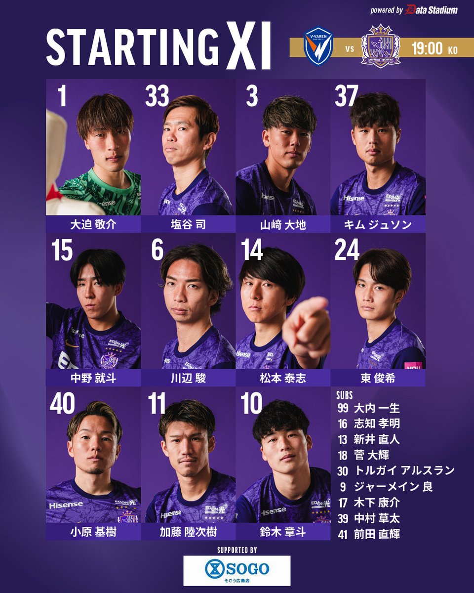 sanfrecce_SFC's tweet image. 𝑺𝑻𝑨𝑹𝑻𝑰𝑵𝑮 𝑿𝑰
本日のスターティングイレブン🏹

vs.V・ファーレン長崎
19:00キックオフ

#sanfrecce #Jリーグ 
#WINNER
🔗 toto-dream.com/landing/winner…