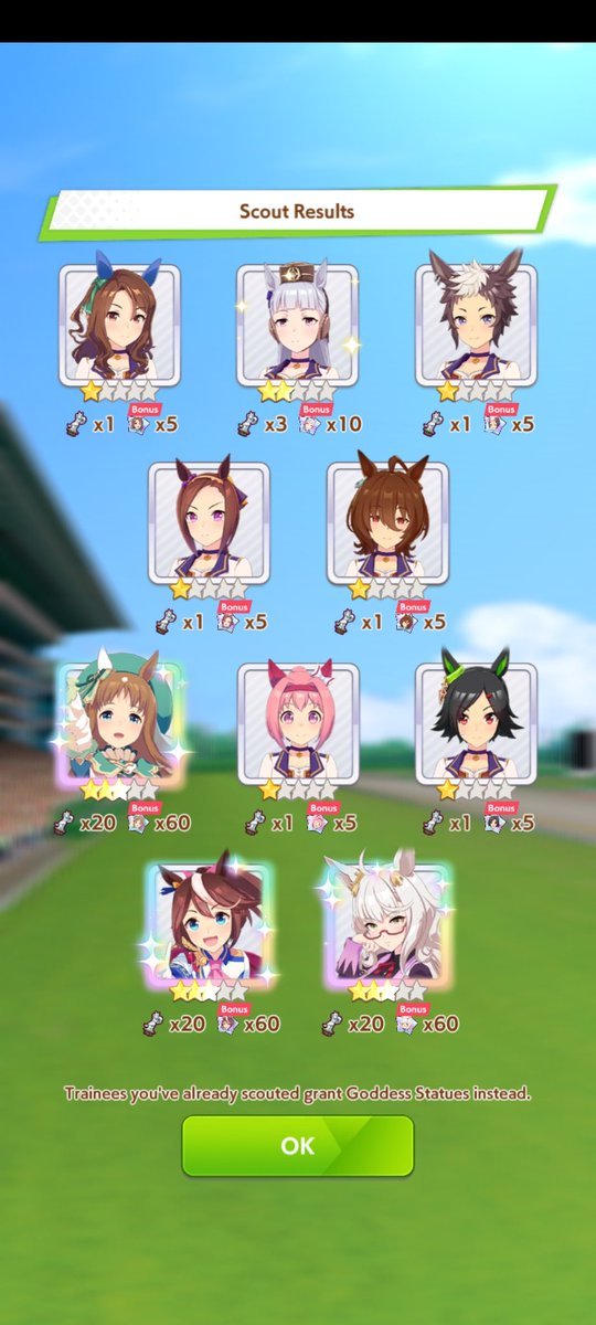 Did the guarantee 3 star pull and got lucky with two extra. Just wish they weren't dupes hahaha. 

#umamusume