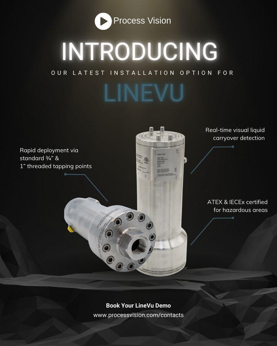 ProcessVision_'s tweet photo. Process Vision has introduced a threaded installation option for its LineVu pipeline camera system, significantly accelerating how operators can validate gas quality and detect liquid carryover in live systems. Book a LineVu demo today #FlowAssurance #PipelineMonitoring https://t.co/BQxym77o8C