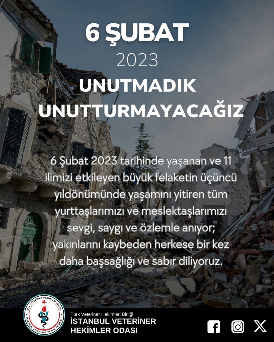 _IVHO's tweet photo. Tarihimizin En Büyük Deprem Felaketi;
6 Şubat’ı Unutmadık, Unutturmayacağız !

6 Şubat 2023 tarihinde yaşanan ve 11 ilimizi etkileyen büyük felaketin üçüncü yıldönümünde yaşamını yitiren tüm yurttaşlarımızı ve meslektaşlarımızı sevgi, saygı ve özlemle anıyor; yakınlarını kaybeden herkese bir kez daha başsağlığı ve sabır diliyoruz.

Resmi verilere göre 53 bin 537 yurttaşımız ile birlikte binlerce hayvanımızı yitirdiğimiz bu büyük yıkımın yaraları sarılabilmiş değil. Yıllardır sürdürülen denetimsiz, bilim dışı ve kâr odaklı politikaların sonucu olarak onbinlerce bina yıkılmış, yüzbinlercesi kullanılamaz hale gelmiştir. Merkezi idarenin, kurumlar arası eşgüdüm ve koordinasyondaki yetersizliği nedeniyle, arama kurtarma çalışmalarında zaman kaybı ve aksaklıklar sonucunda binlerce canımız göz göre göre enkaz altında hayatını kaybetmiştir.

Aradan geçen üç yıl içinde deprem bölgesinde yaşayan yurttaşların barınma, sağlık, eğitim, temiz su ve beslenme gibi ihtiyaçları hâlâ karşılanabilmiş değil. Geçici barınma alanları kalıcı hale getirilmiş, tarım ve hayvancılık başta olmak üzere ağır yara alan üretim ekonomisi yeterince desteklenmediği gibi, neredeyse diğer illerle aynı ticari uygulamalara tabi tutularak bölge insanı adeta cezalandırılmıştır. 

Özellikle afet ve savaş dönemlerinde; hayvan ve çevre sağlığı ile birlikte, güvenilir gıda ve halk sağlığı alanında yaptıkları büyük hizmetlerle hayatın merkezinde olan veteriner hekimler 6 Şubat depreminde de tüm güçleriyle sahadaydılar. İlk günden itibaren enkaz başında, yetiştiricinin yanında, yaralı canların tedavisinde, gıda dağıtımında, kurumlarda, gidilemeyen en ücra köylerde ve her yerdeydiler. 

Ancak bölgedeki fiziki sorunlar ve yarattığı psikolojik travmalar devam ediyor. Gelecek güvencesi, üretim, iş ve geçim sıkıntısına çare bulunabilmiş değil. Bölge halkı ve meslek grupları yeterince desteklenmiyor. Meslektaşlarımız konteyner gibi geçici yerlerde hayvan sağlığı hizmeti vermeye çalışıyor. Bu zor koşullarda vergiler, harçlar ve cezalar ödemek durumunda kalıyorlar.

Yetkililere sesleniyoruz; bölgede hiçbir şey normale dönmemişken, sürdürülebilir bir yaşam için alınan tedbirler yeniden gözden geçirilmeli, koruma ve  faizsiz kredi, vergi muafiyeti gibi ticari destekler artırılmalıdır.

İVHO YÖNETİM KURULU