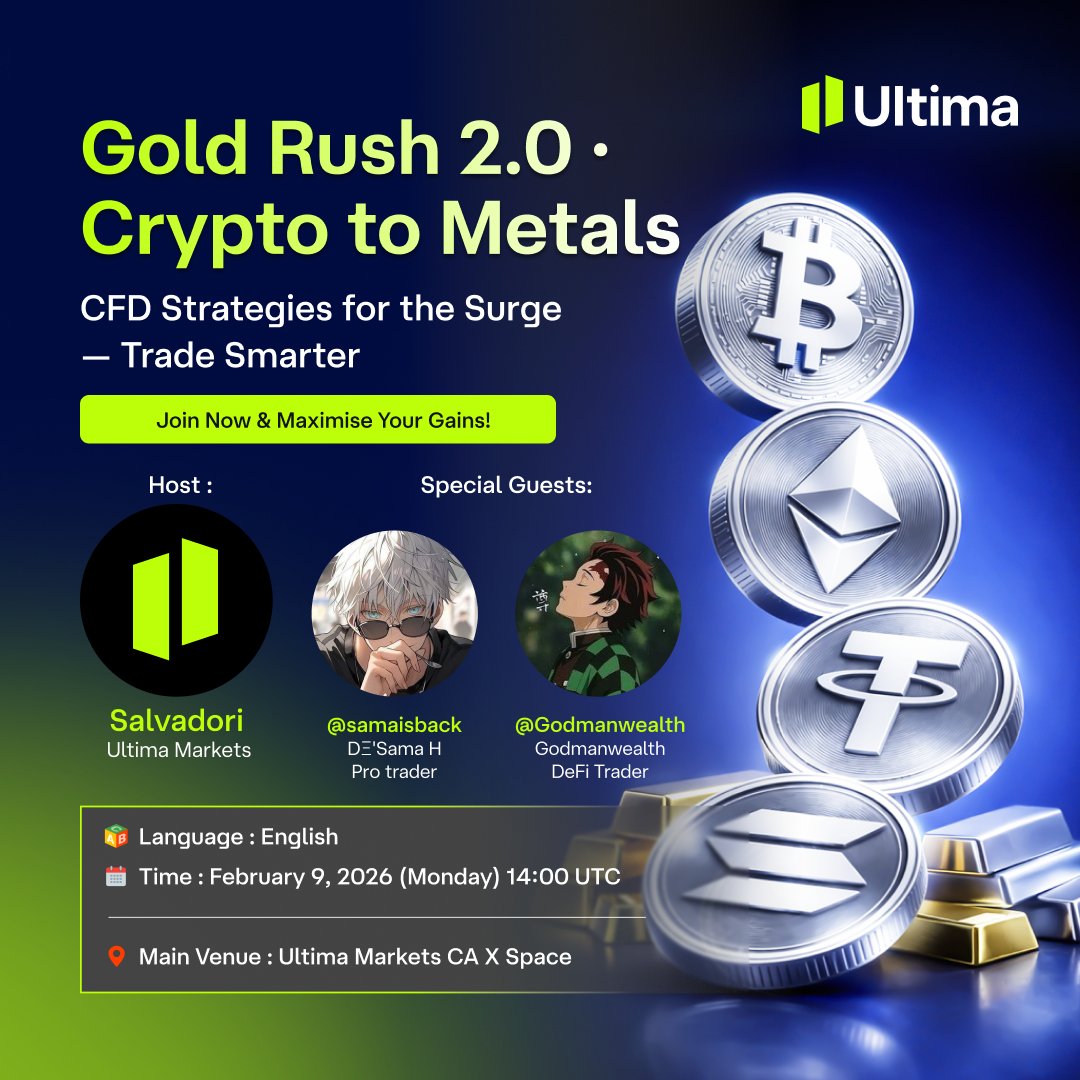 🔔Crypto traders, it might be time to pivot.

Crypto in a bear market 📉
Gold just hit new highs 🥇

Join our exclusive X Space AMA with Ultima Markets to master the Crypto-to-CFD strategy!

🎙 Host: Salvadori
🗣 Guests: <a href="/Wealthygodman/">Godmanwealth</a> &amp; <a href="/samaisback/">DΞ'Sama H</a>
 
What we’ll break down:
•