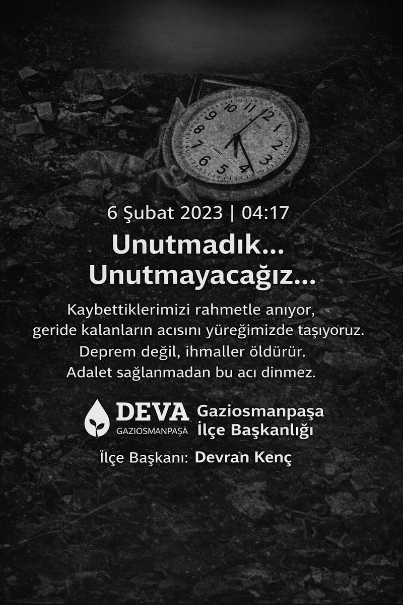 6 Şubat 2023 | 04:17
Unutmadık… Unutmayacağız…

Kaybettiklerimizi rahmetle anıyor, geride kalanların acısını yüreğimizde taşıyoruz.
Deprem değil, ihmaller öldürür.
Adalet sağlanmadan bu acı dinmez.

#6Şubat #Unutmadık #Unutmayacağız #DepremGerçeği #Gaziosmanpaşa #DEVA
