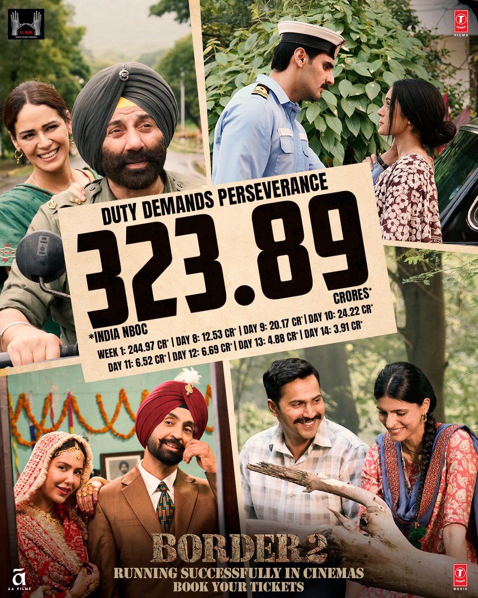sekartweets's tweet image. #Border 2 collects ₹3.91 CR NBOC on Day 14, pushing the total to ₹323.89 CR NBOC! Solid trend continues 💥💥