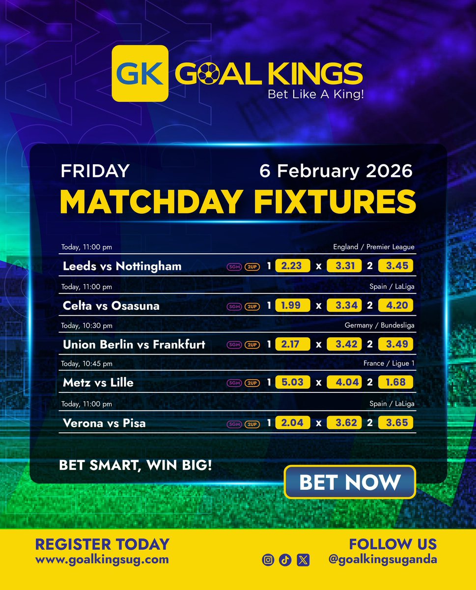 Enjoy big odds, 2UP, and SGM (same game multibet), only with Goal kings.

Visit goalkingsug.com, and bet like a king!