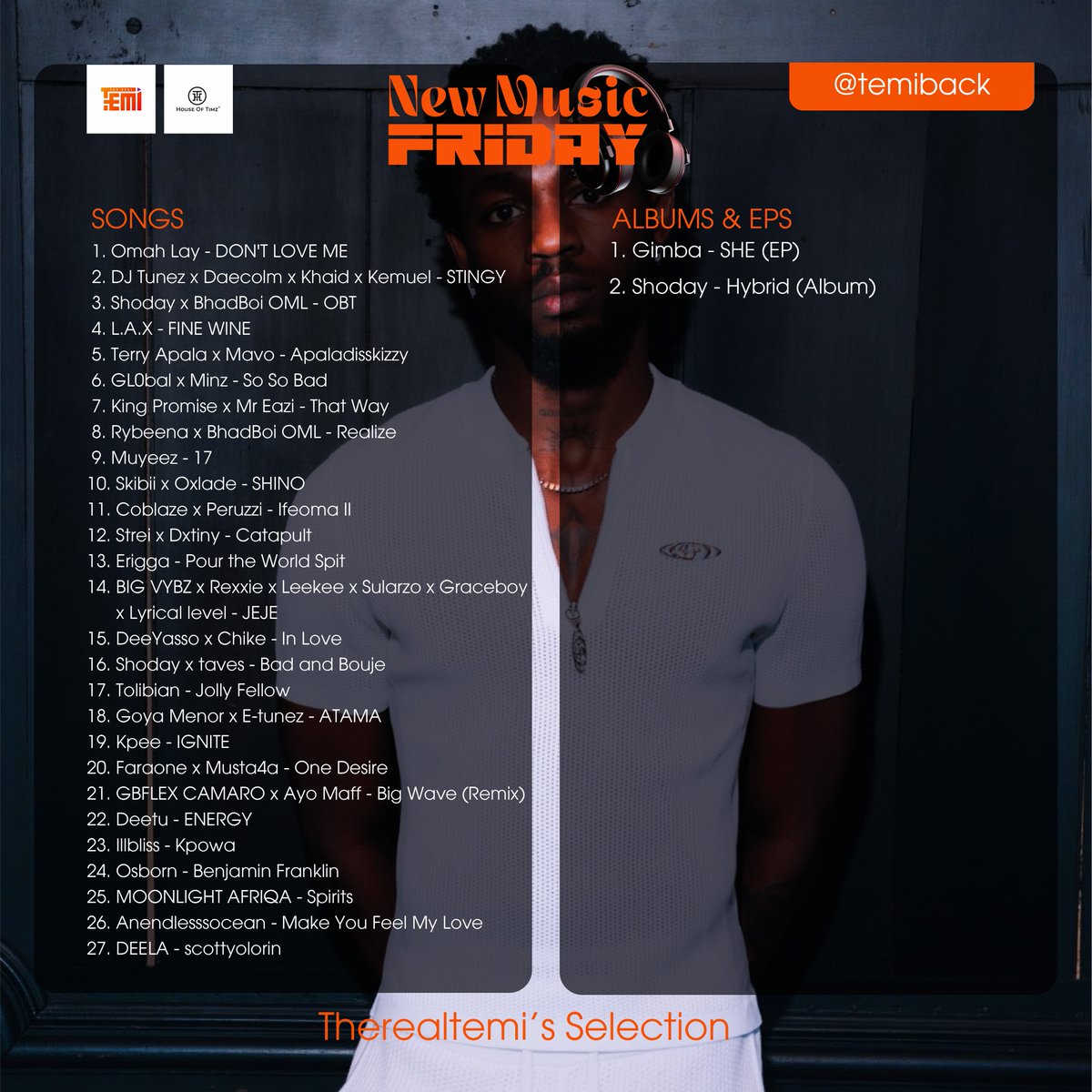 temiback's tweet photo. 🎶New Music Friday 🎶 (TheRealTemi's Selection) 

Omah Lay - DON'T LOVE ME  
DJ Tunez, Daecolm, Khaid, Kemuel - STINGY  
Shoday, BhadBoi OML - OBT 
L.A.X - FINE WINE  
Terry Apala, Mavo - Apaladisskizzy  
GL0bal, Minz - So So Bad 
➕ more artistes....
https://t.co/f5kUbqxZQH https://t.co/MYRMCuF6Mz