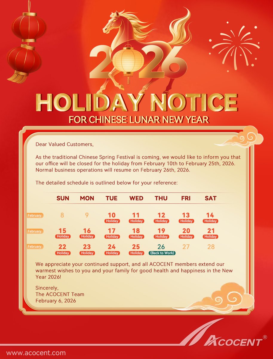 AcocentHeatPump's tweet photo. ACOCENT Chinese Lunar New Year Holiday Notice

We greatly value your continued partnership and support. 🙏
Please feel free to reach out via:
📧 info@acocent.com
🌐 https://t.co/eWPgQdNzWP

#ACOCENT #SpringFestival #YearOfTheHorse #ChineseNewYear2026 #HolidayNotice #HappyNewYear https://t.co/uwDBcP15Ak