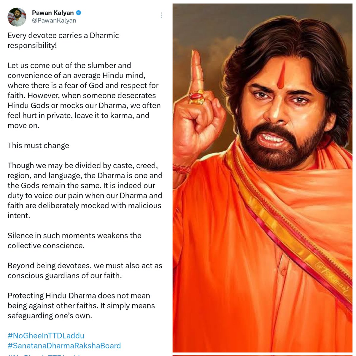 Protecting HINDU DHARMA does not mean being against other faiths. It simply means safeguarding one's own.

- #PawanKalyan