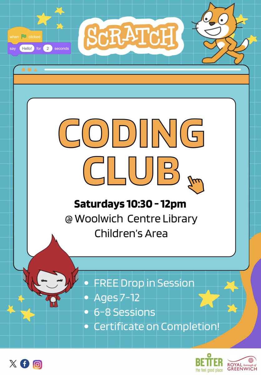 WoolwichLibrary's tweet photo. Join the #WoolwichLibrary #CodingClub! 👾 Suitable for ages 7-12 years, have fun and learn how to create games and more using IT skills, to receive a certificate! On Saturdays at 10.30am-12noon 🖥️ #LoveYourLibrary https://t.co/q3d0JHeODe