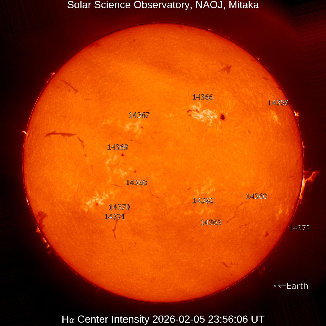 本日の太陽】2026-2-6のHα線全面像 やや静穏な状態です。 活動領域