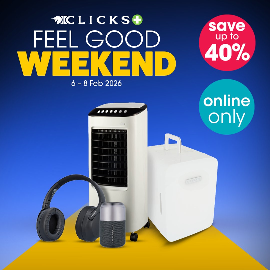 Clicks_SA's tweet photo. Feel-good deals loadingβ¦ π₯
Itβs Feel Good Weekend and the savings are chefβs kiss! π
ποΈ 6 β 8 Feb 2026
πΈ Save up to 40% OFF
Shop now while stocks last and feel good! -> https://t.co/dZLE6hL7WM
#FeelGoodWeekend https://t.co/ahvndfYhcj