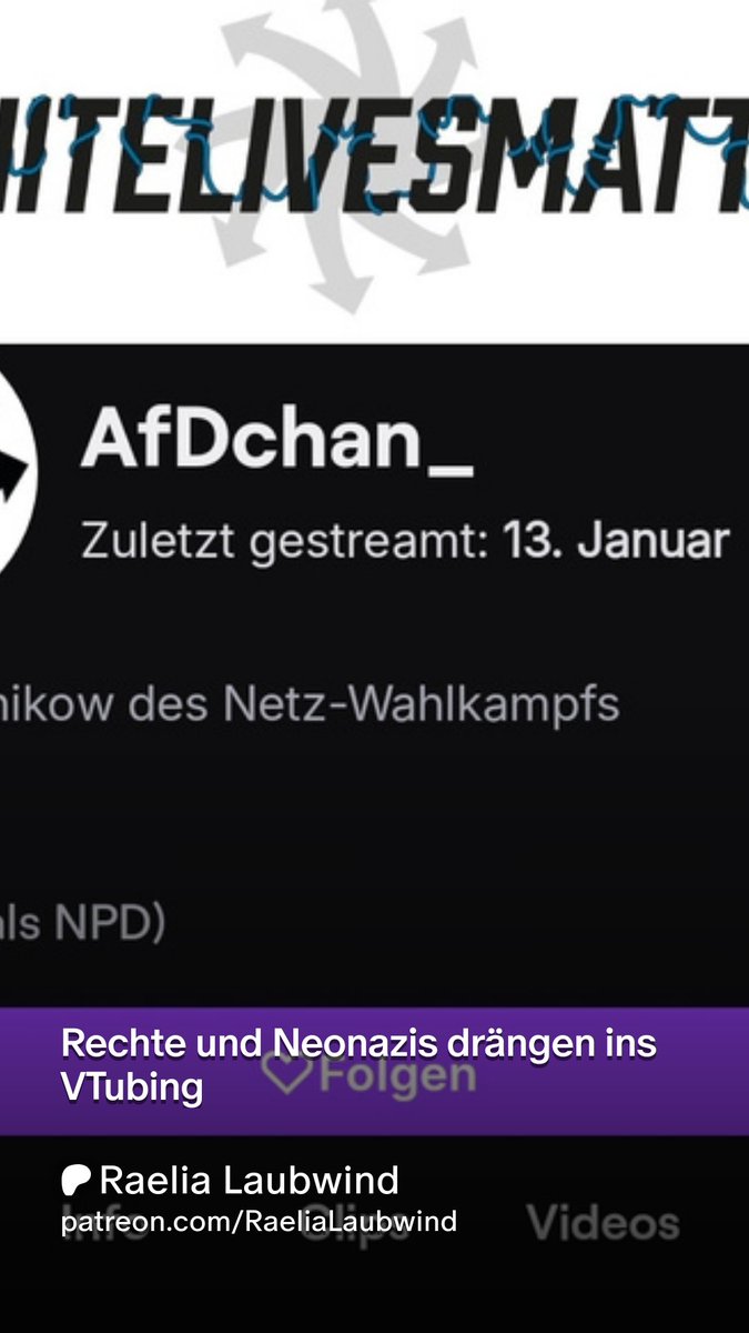 Rechte &amp; Neonazis versuchen jetzt ins VTubing zu drängen.
Mit Anime-Avataren, Codesymbolen &amp; gefälschter Reichweite sollen Jugendliche geködert werden.
VTubing ist kein Nazirekrutierungsfeld.
Wegsehen ist keine Option.

#GERVtuber #Rechtsextremismus #Nazicodes #Twitch