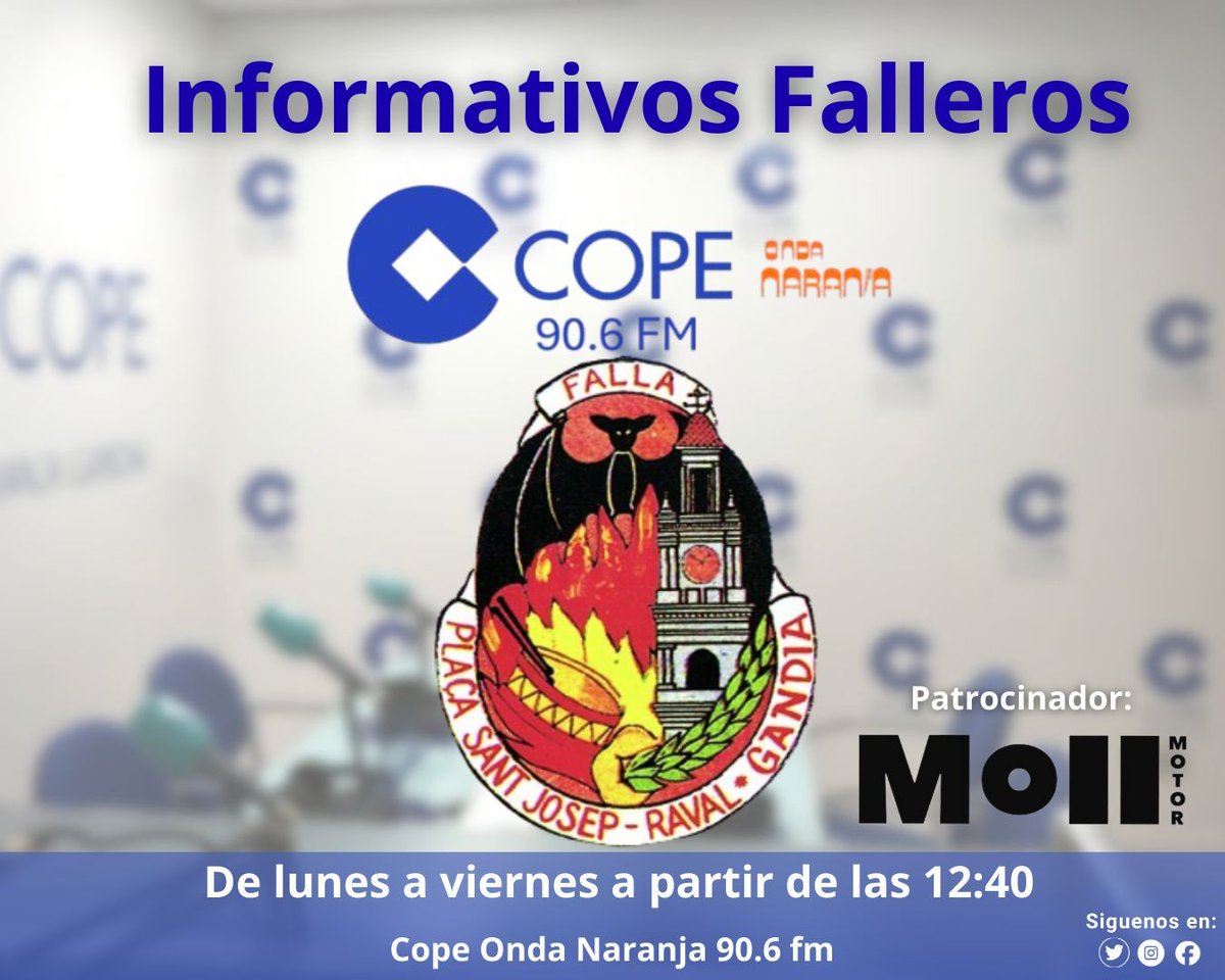 Seguimos con los informativos falleros y hoy es el turno de la Falla Plaça Sant Josep Raval.
¡Sintoniza y disfruta del mejor ambiente fallero! EN COPE Onda Naranja 90.6 FM a las 12:40 h.
#ondanaranjacope #cope #copegandia #lasafor #noticia #Gandia #Actualidad #lamañana