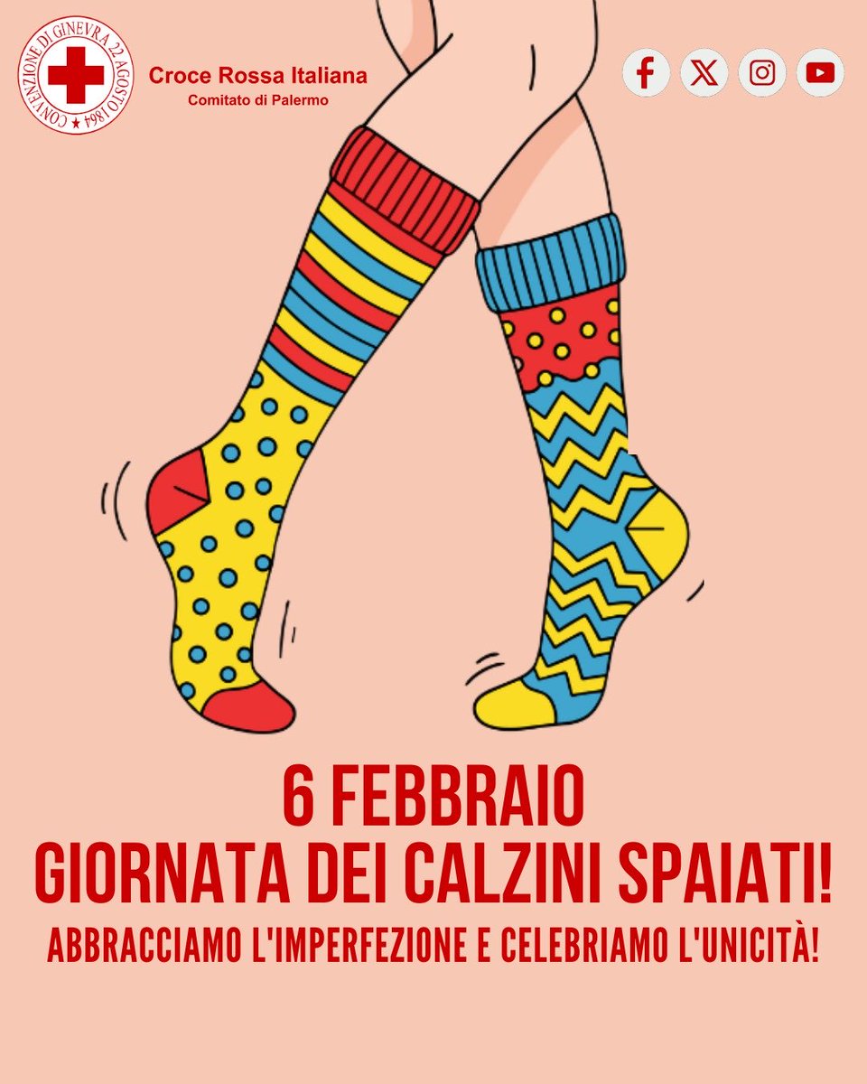 6 febbraio, Giornata dei calzini spaiati! Abbracciamo l'imperfezione e celebriamo l'unicità. Come la Croce Rossa, riconosciamo il valore della diversità e dell'imparzialità. #CalziniSpaiatiCRIPalermo #Unicità #Imparzialità #CroceRossa
