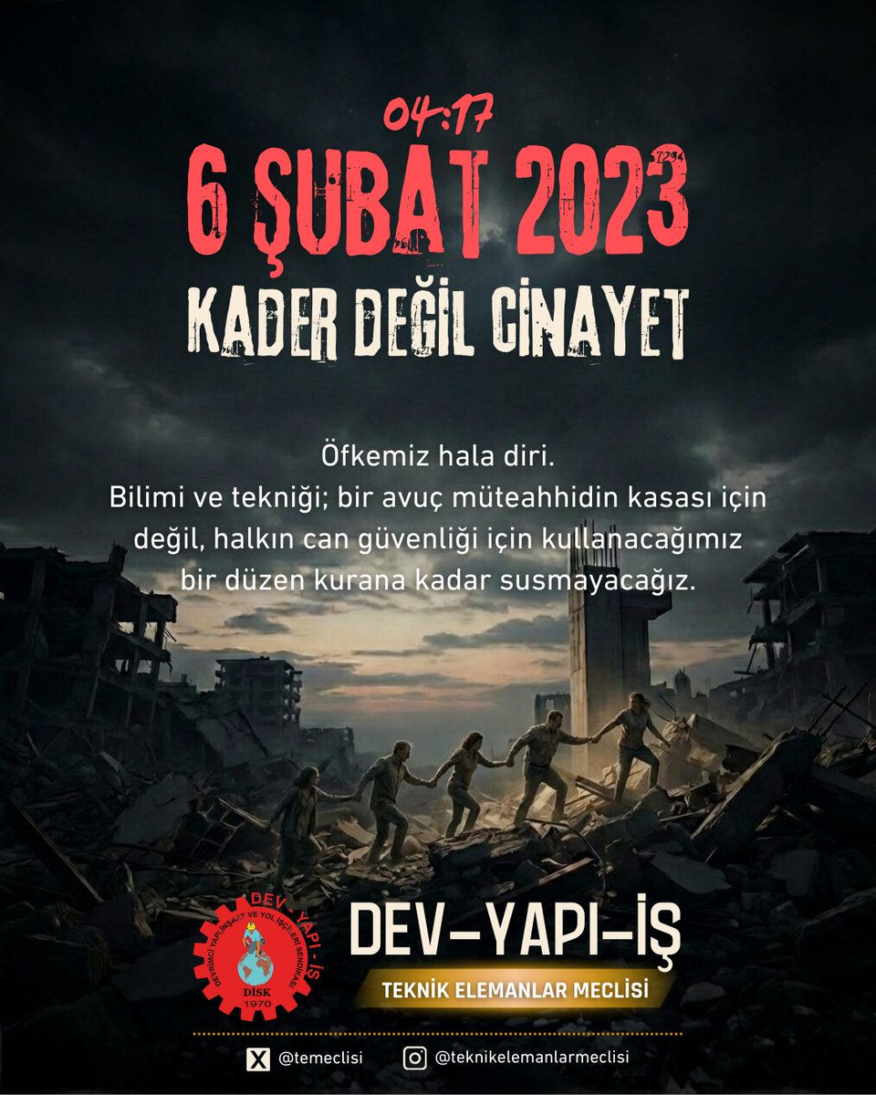 Öfkemiz hâlâ diri: Unutmak yok, affetmek yok, helalleşmek yok!

6 Şubat 2023’te Kahramanmaraş merkezli depremlerde yitirdiğimiz yurttaşları saygıyla anıyoruz.

Bilimi ve tekniği halkın yaşam hakkı için savunmaya, güvenli kentler için mücadeleyi büyütmeye devam edeceğiz.
#6şubat