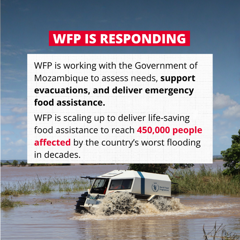 WFP's tweet photo. 🔴 WFP is on the ground delivering critical food assistance to families affected by devastating floods in #Mozambique.

Swipe to learn more about what’s happening and how you can help 👉