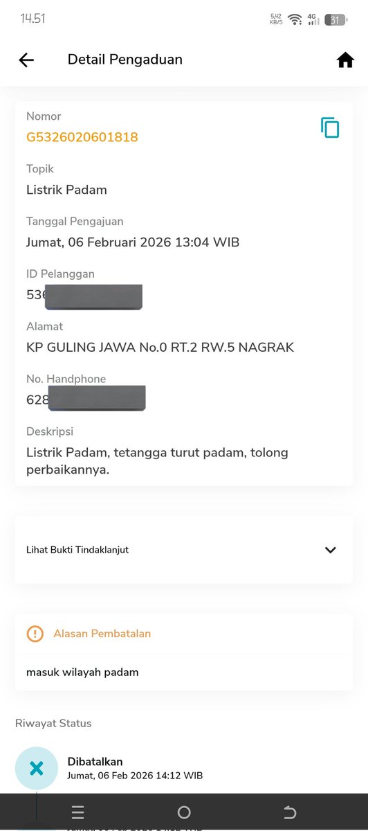 PusatDownArea's tweet photo. Jujur sangat kecewa dengan penanganan, Listrik padam sudah dilaporkan &amp; diproses, tapi WO dibatalkan dengan alasan “wilayah padam”. Faktanya listrik masih mati. Saya WFH &amp; dirugikan. @pln_123 https://t.co/UJqQcDu6bL